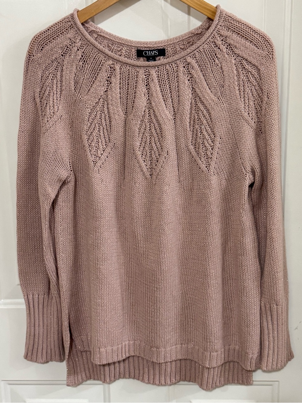 Chaps Dusty Rose Crewneck Sweater with Leaf Yoke